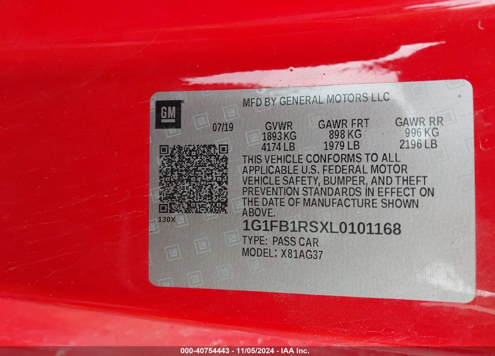2020 CHEVROLET CAMARO RWD 1LT VIN: 1G1FB1RSXL0101168