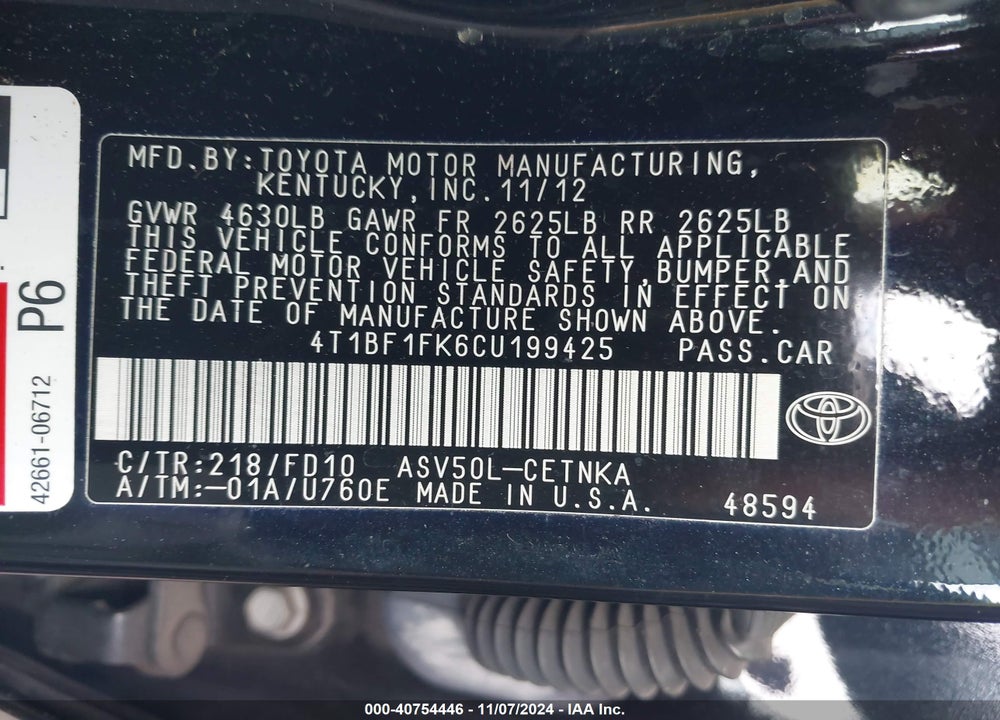 2012 TOYOTA CAMRY LE VIN: 4T1BF1FK6CU199425