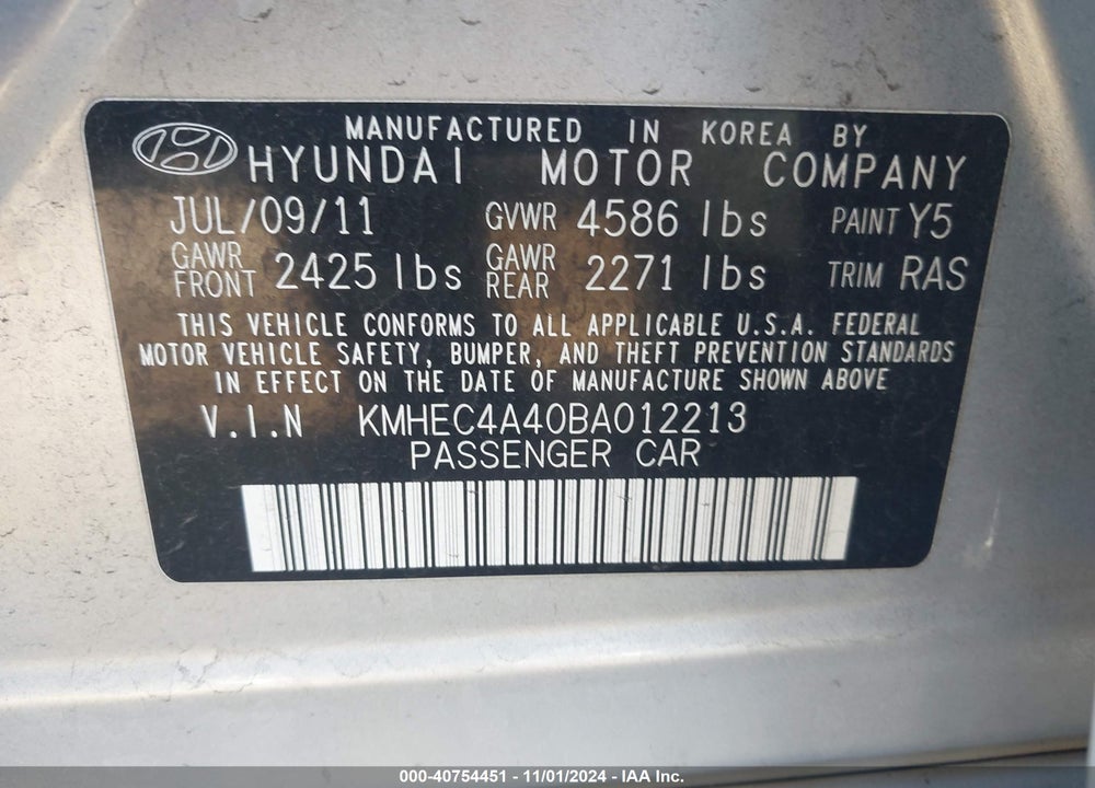2011 HYUNDAI SONATA HYBRID VIN: KMHEC4A40BA012213