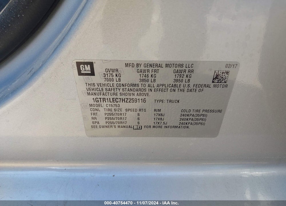 2017 GMC SIERRA 1500 VIN: 1GTR1LEC7HZ259116