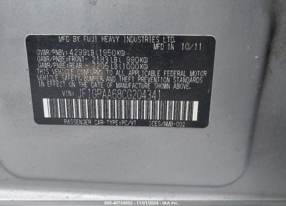 2012 SUBARU IMPREZA 2.0I VIN: JF1GPAA68CG204341
