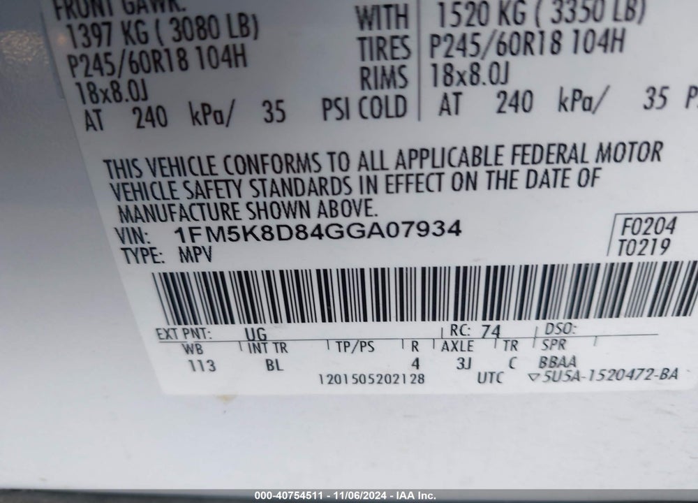 2016 FORD EXPLORER XLT VIN: 1FM5K8D84GGA07934
