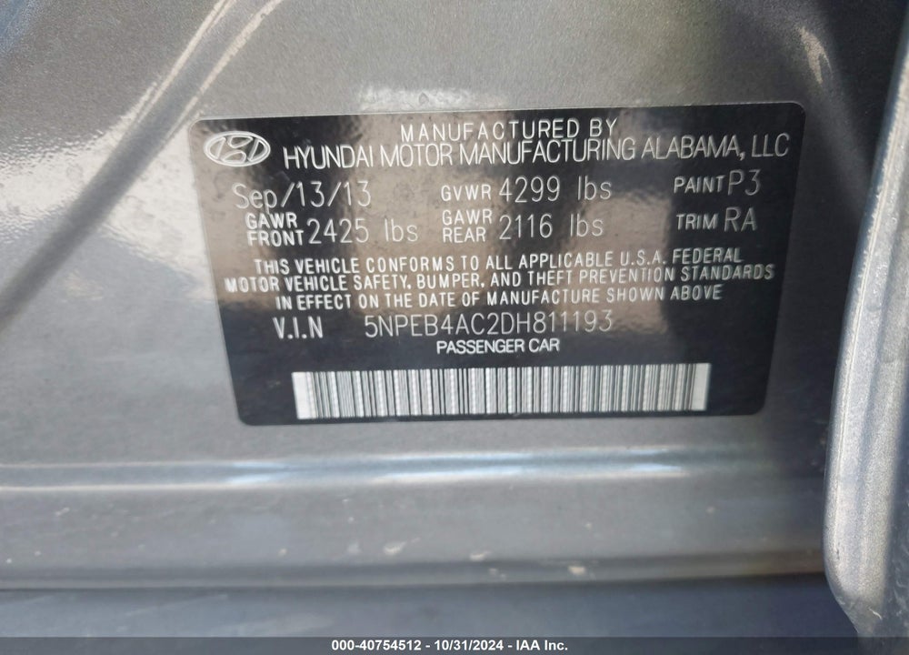 2013 HYUNDAI SONATA GLS VIN: 5NPEB4AC2DH811193