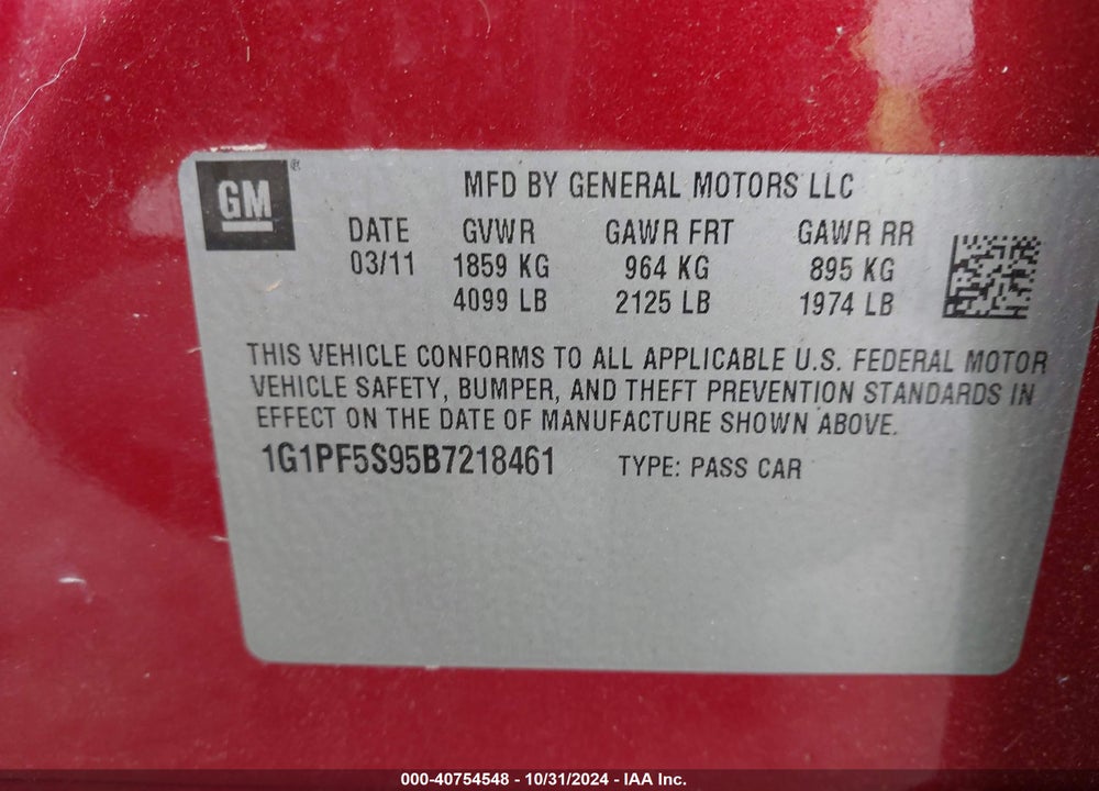 2011 CHEVROLET CRUZE 1LT VIN: 1G1PF5S95B7218461