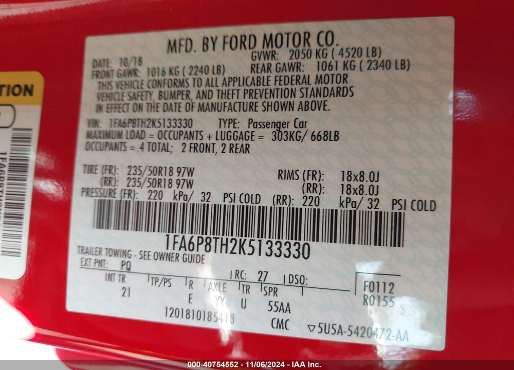 2019 FORD MUSTANG ECOBOOST VIN: 1FA6P8TH2K5133330