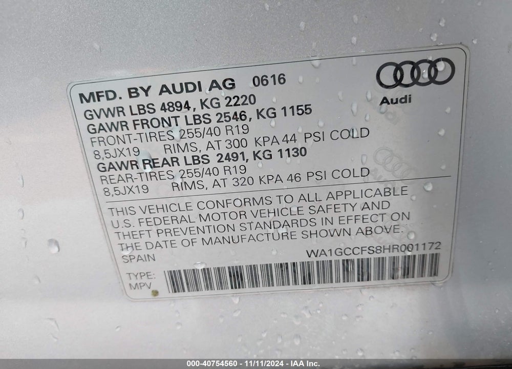 2017 AUDI Q3 2.0T PREMIUM VIN: WA1GCCFS8HR001172