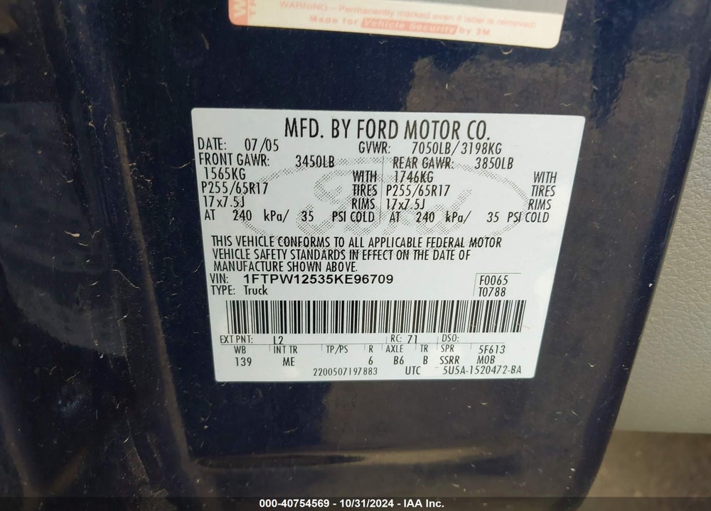 2005 FORD F-150 LARIAT/XLT VIN: 1FTPW12535KE96709