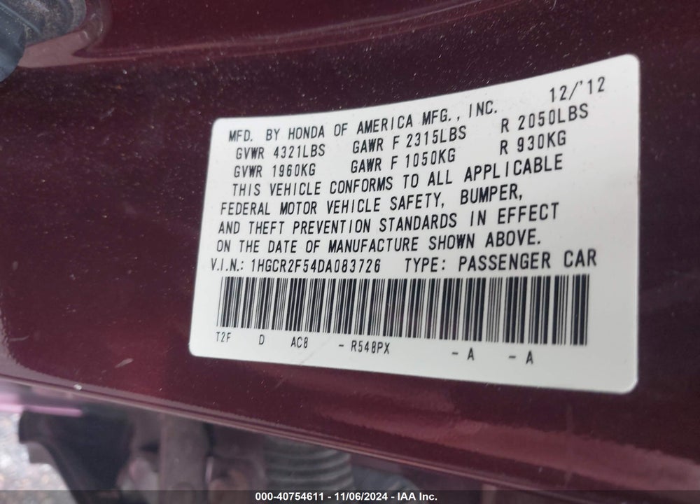 2013 HONDA ACCORD SPORT VIN: 1HGCR2F54DA083726