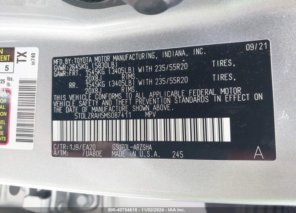 2021 TOYOTA HIGHLANDER XSE VIN: 5TDLZRAH5MS087411