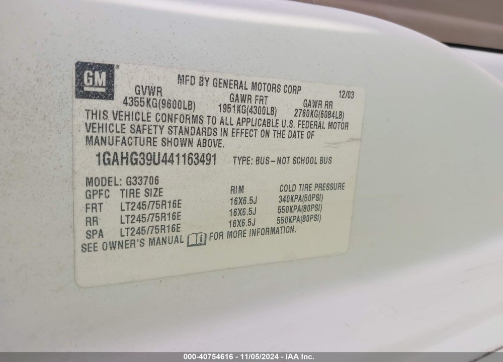 2004 CHEVROLET EXPRESS VIN: 1GAHG39U441163491