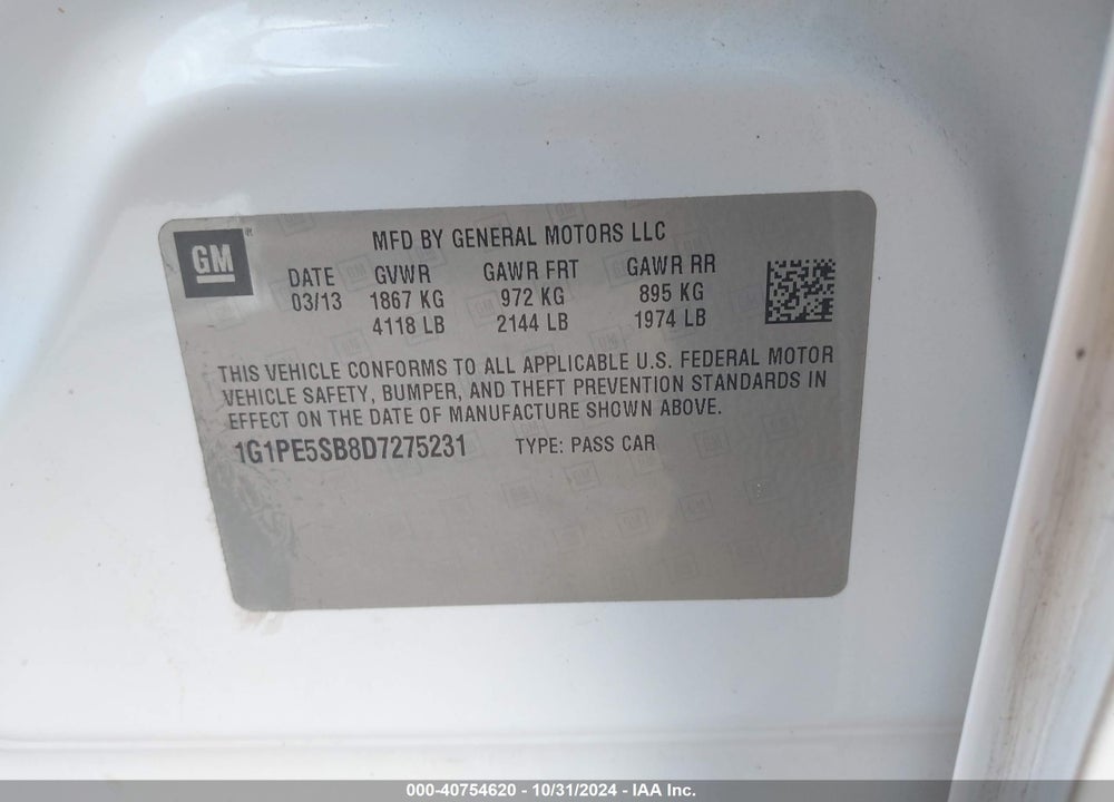 2013 CHEVROLET CRUZE 2LT AUTO VIN: 1G1PE5SB8D7275231