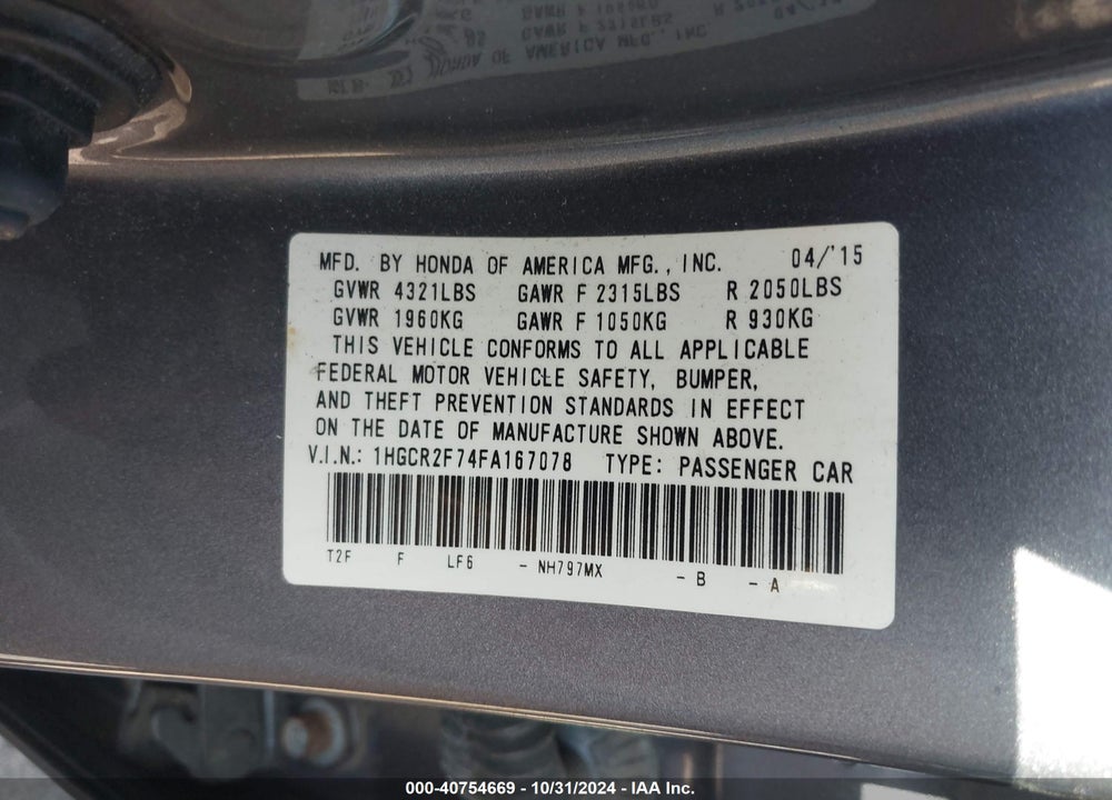 2015 HONDA ACCORD EX VIN: 1HGCR2F74FA167078