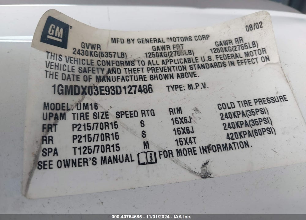 2003 PONTIAC MONTANA M16 W/1SA PKG. VIN: 1GMDX03E93D127486