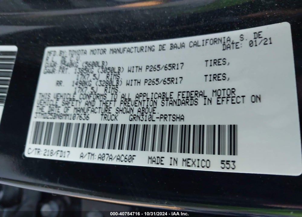 2021 TOYOTA TACOMA TRD SPORT VIN: 3TMDZ5BN8MM107636