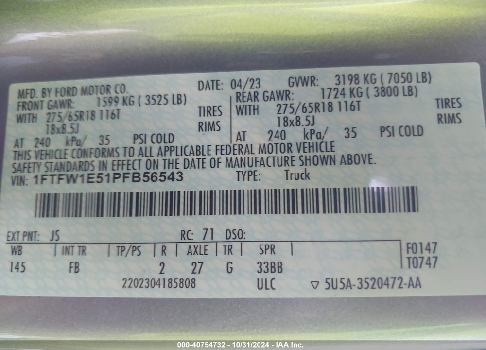 2023 FORD F-150 XLT VIN: 1FTFW1E51PFB56543