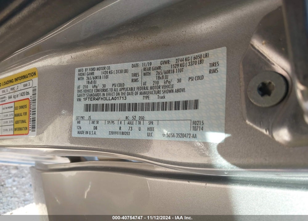 2020 FORD RANGER LARIAT VIN: 1FTER4FH3LLA01713