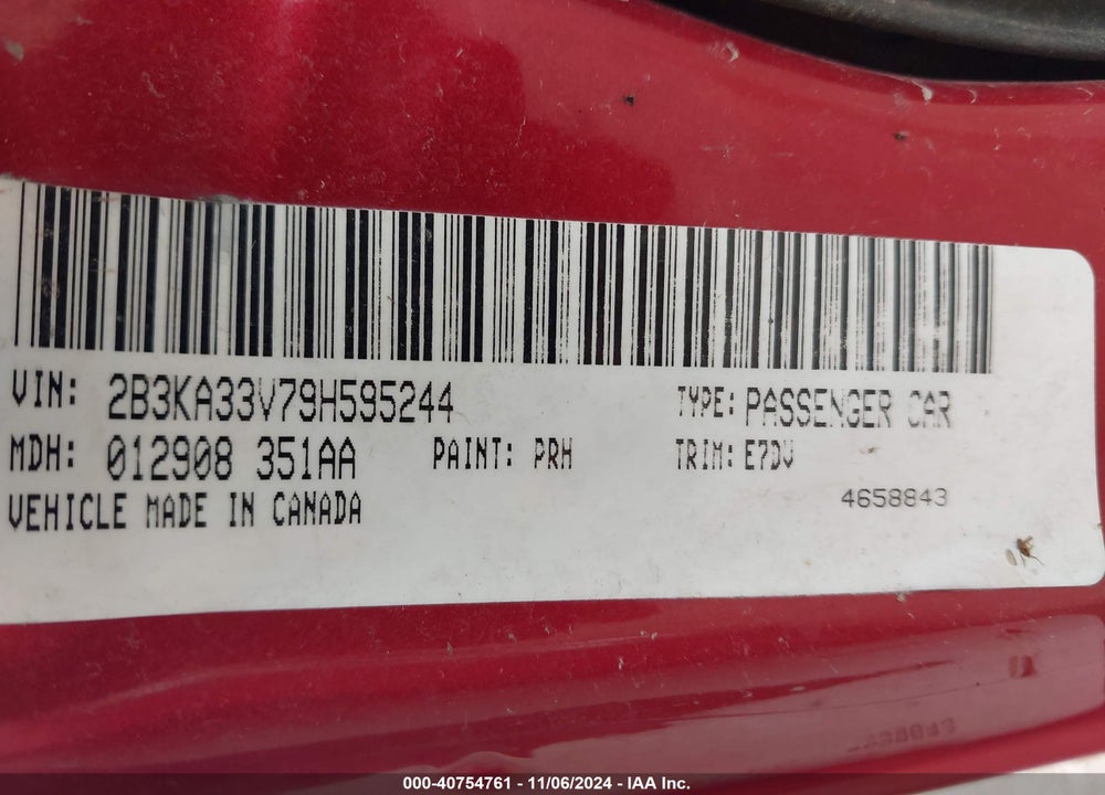 2009 DODGE CHARGER SXT VIN: 2B3KA33V79H595244