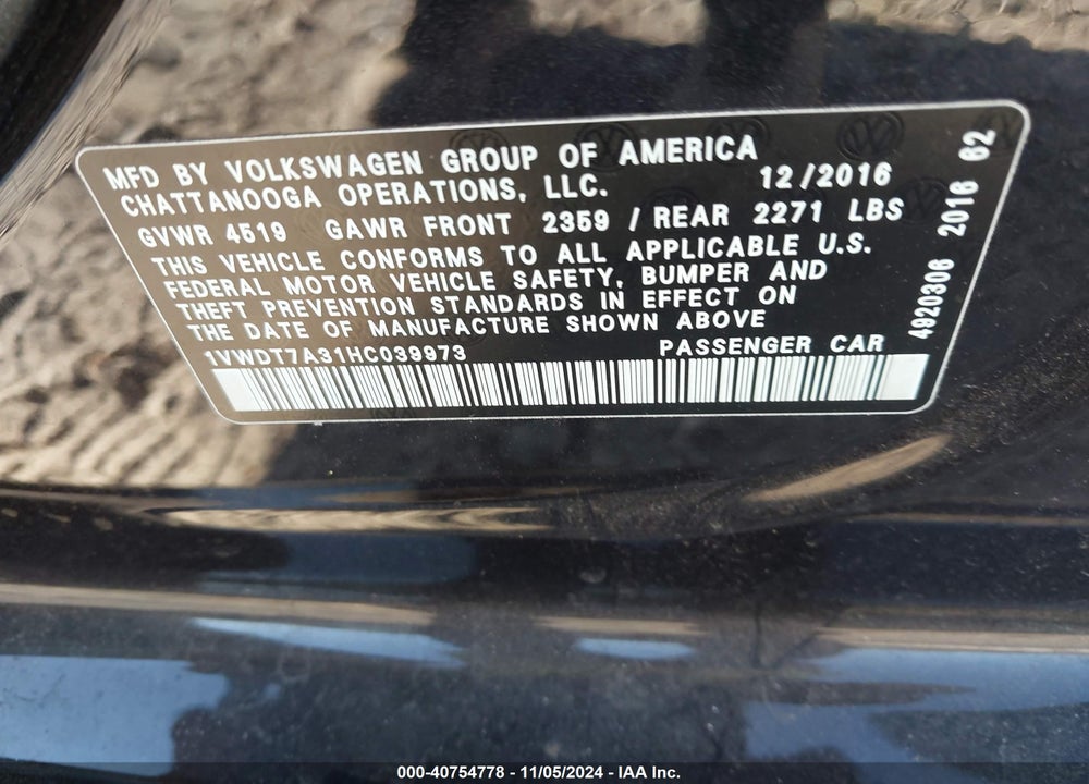 2017 VOLKSWAGEN PASSAT 1.8T R-LINE VIN: 1VWDT7A31HC039973