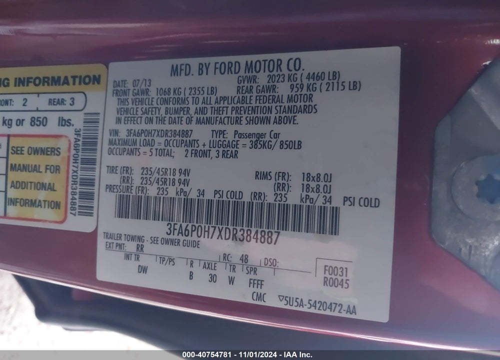 2013 FORD FUSION SE VIN: 3FA6P0H7XDR384887