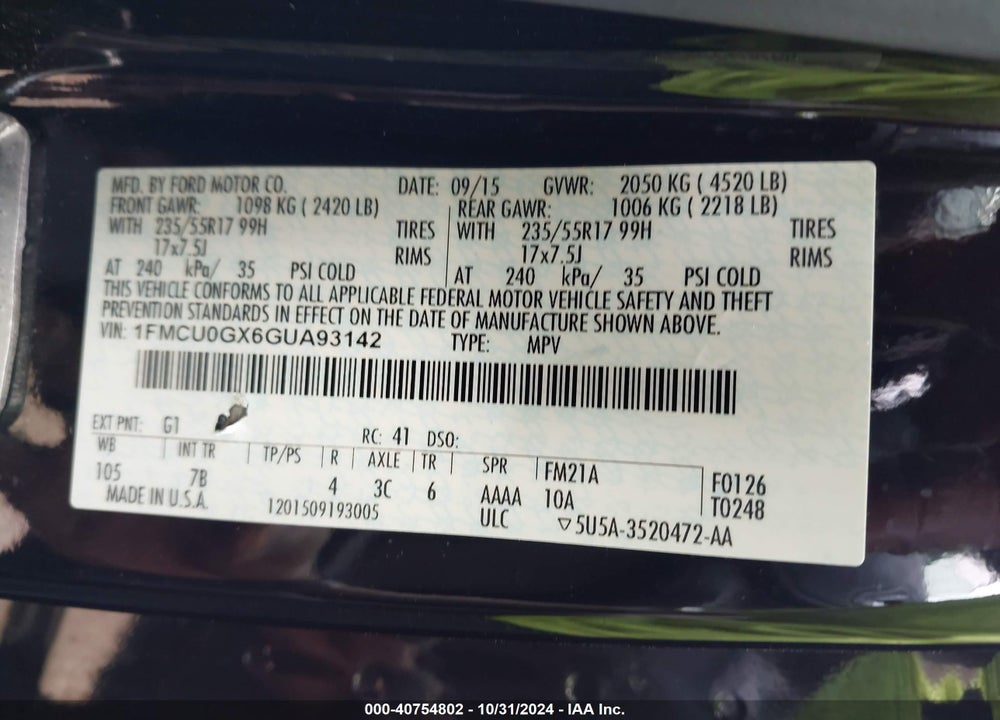 2016 FORD ESCAPE SE VIN: 1FMCU0GX6GUA93142