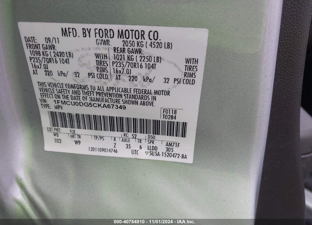 2012 FORD ESCAPE XLT VIN: 1FMCU0DG5CKA67349