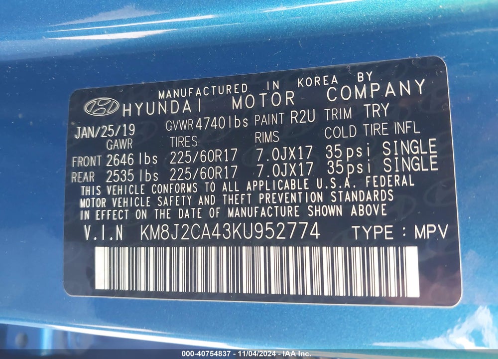 2019 HYUNDAI TUCSON SE VIN: KM8J2CA43KU952774