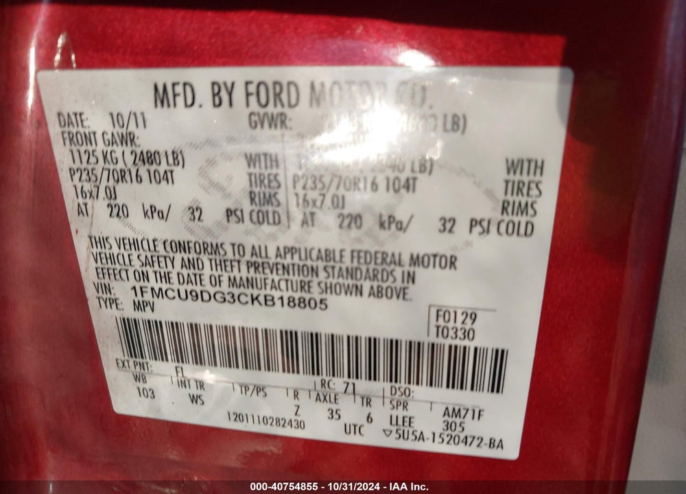 2012 FORD ESCAPE XLT VIN: 1FMCU9DG3CKB18805