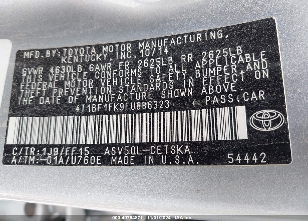 2015 TOYOTA CAMRY SE VIN: 4T1BF1FK9FU886323