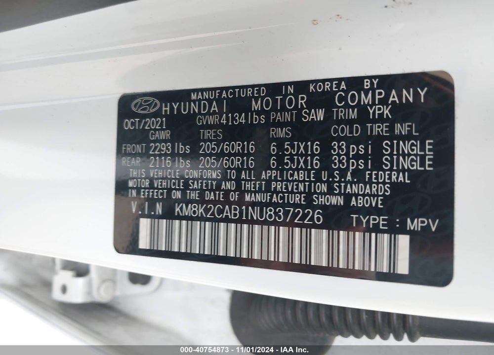 2022 HYUNDAI KONA SE VIN: KM8K2CAB1NU837226