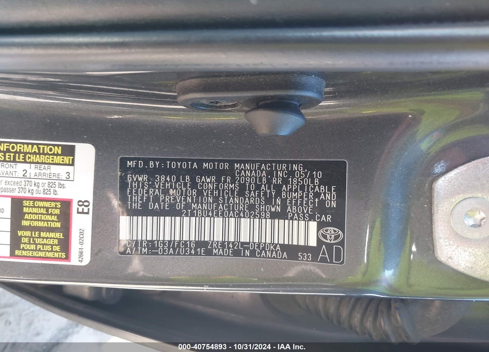2010 TOYOTA COROLLA LE VIN: 2T1BU4EE0AC402598