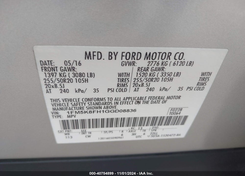 2016 FORD EXPLORER LIMITED VIN: 1FM5K8FH1GGD08836