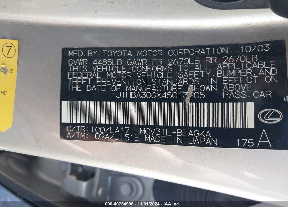 2004 LEXUS ES 330 BASE (A5) VIN: JTHBA30GX45013205
