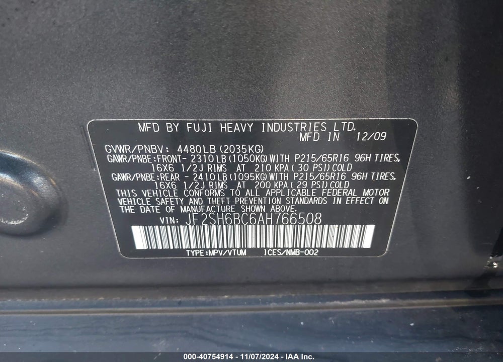 2010 SUBARU FORESTER 2.5X VIN: JF2SH6BC6AH766508
