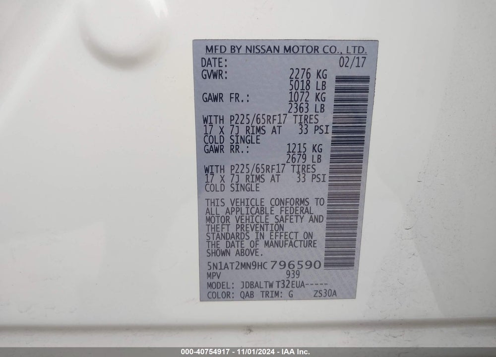 2017 NISSAN ROGUE SV VIN: 5N1AT2MN9HC796590