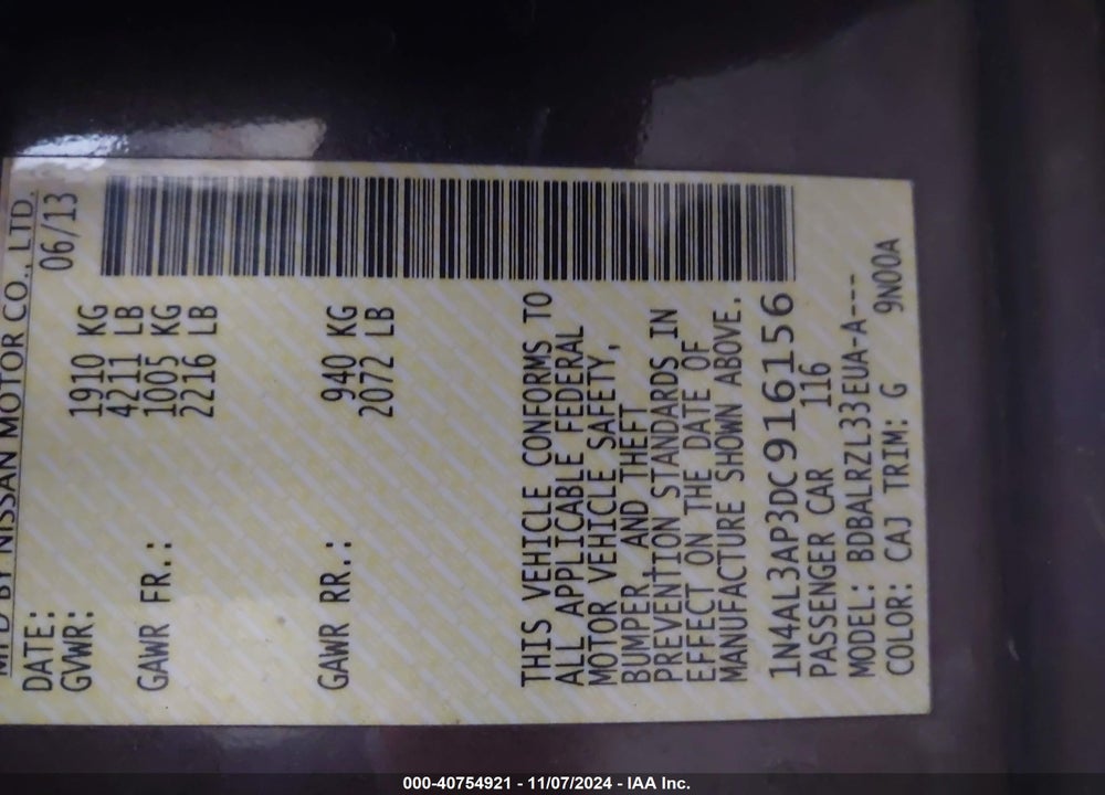 2013 NISSAN ALTIMA 2.5 S VIN: 1N4AL3AP3DC916156
