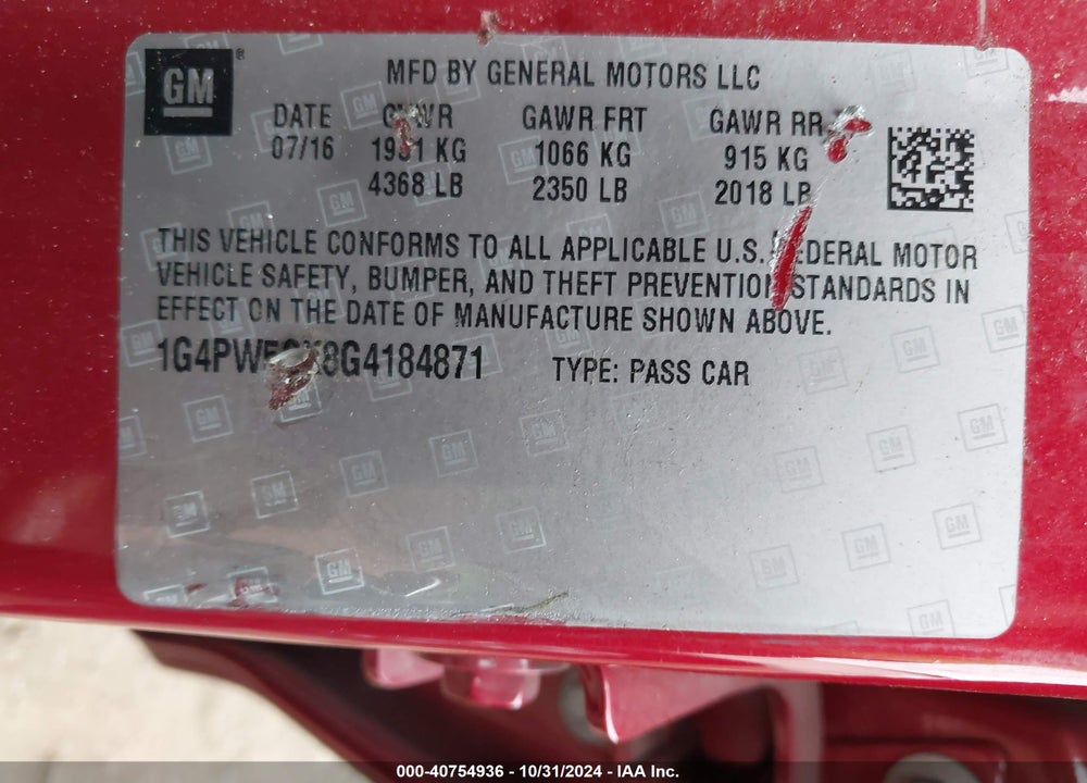2016 BUICK VERANO SPORT TOURING GROUP VIN: 1G4PW5SK8G4184871