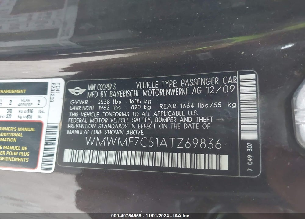 2010 MINI COOPER S VIN: WMWMF7C51ATZ69836