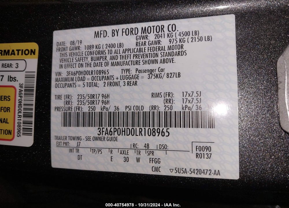 2020 FORD FUSION SE VIN: 3FA6P0HD0LR108965