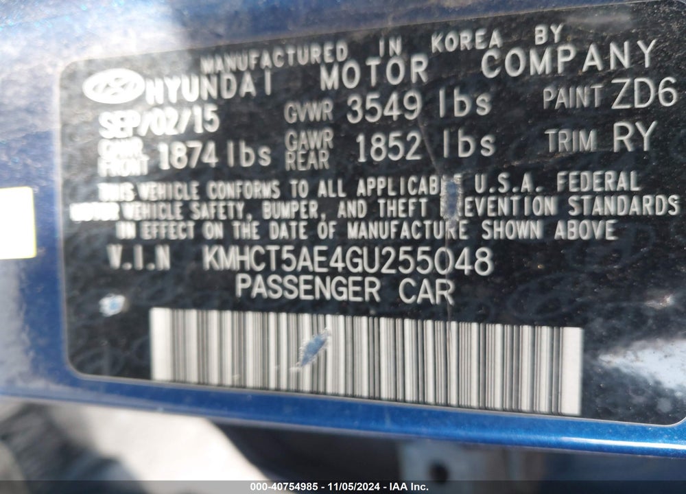 2016 HYUNDAI ACCENT VIN: KMHCT5AE4GU255048