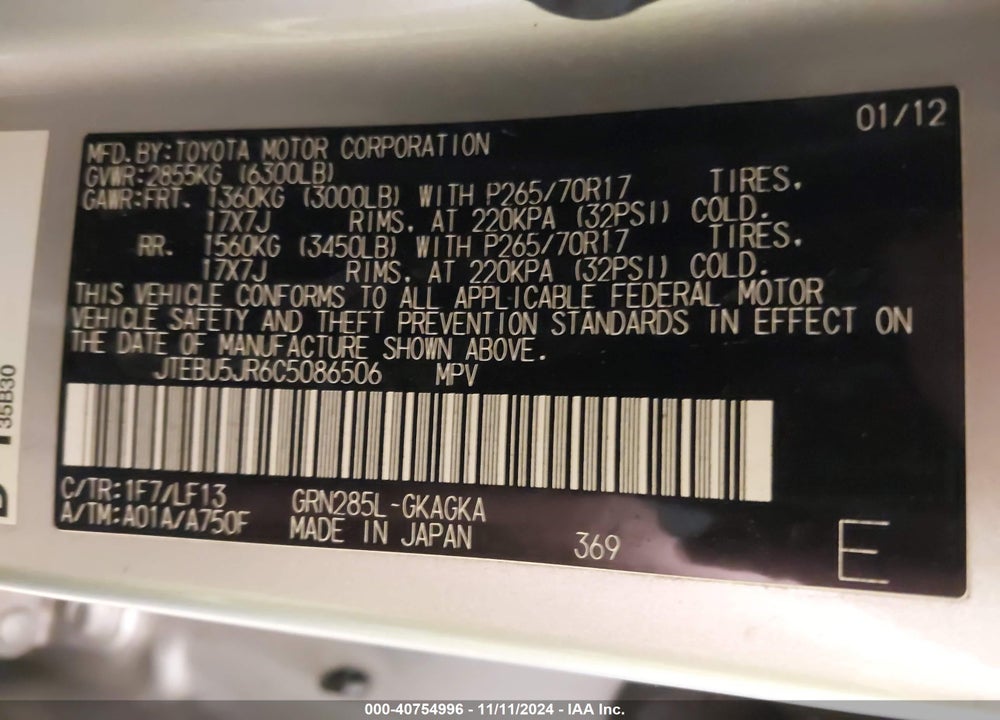 2012 TOYOTA 4RUNNER VIN: JTEBU5JR6C5086506