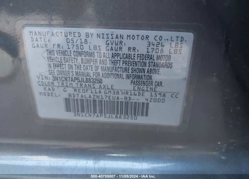 2018 NISSAN VERSA VIN: 3N1CN7AP5JL883250