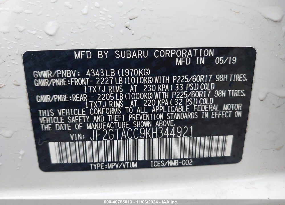 2019 SUBARU CROSSTREK 2.0I PREMIUM VIN: JF2GTACC9KH344921