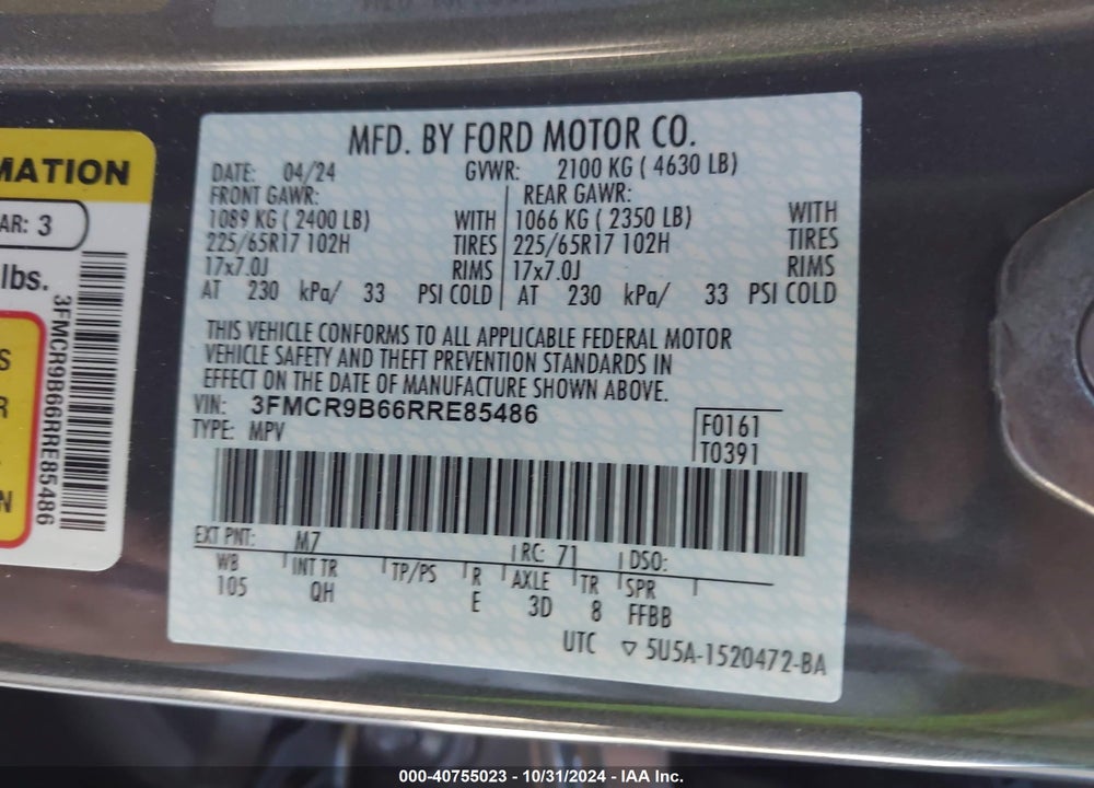 2024 FORD BRONCO SPORT BIG BEND VIN: 3FMCR9B66RRE85486