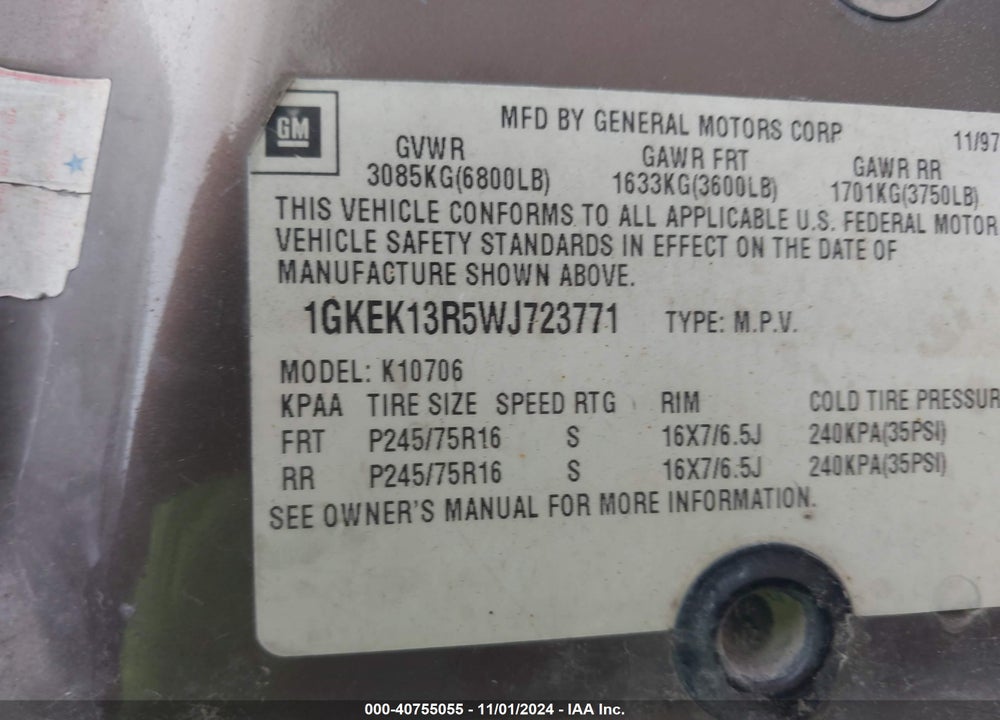 1998 GMC YUKON SLT VIN: 1GKEK13R5WJ723771