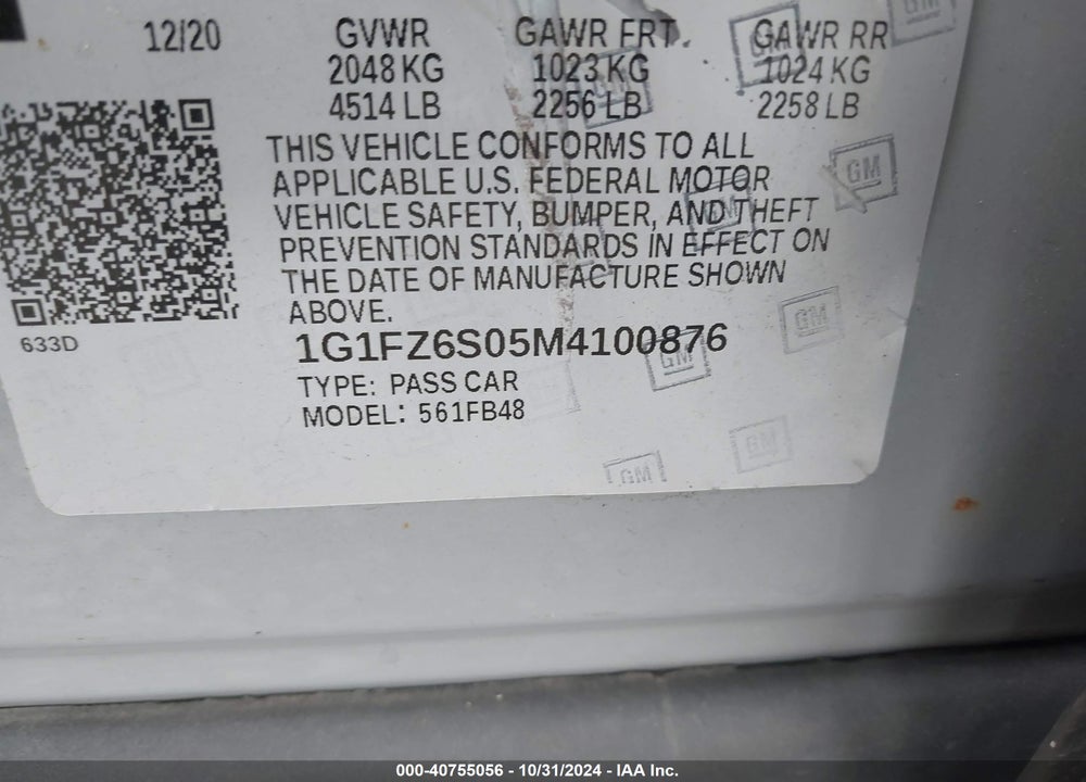 2021 CHEVROLET BOLT EV FWD PREMIER VIN: 1G1FZ6S05M4100876
