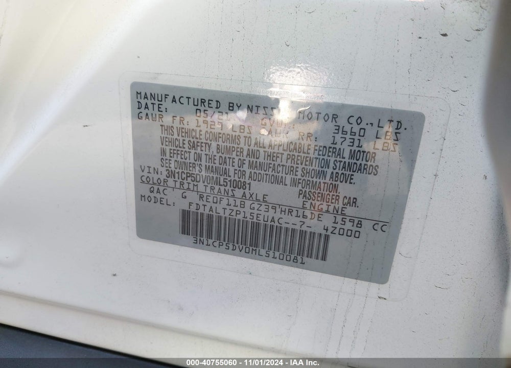 2021 NISSAN KICKS SR XTRONIC CVT VIN: 3N1CP5DV0ML510081