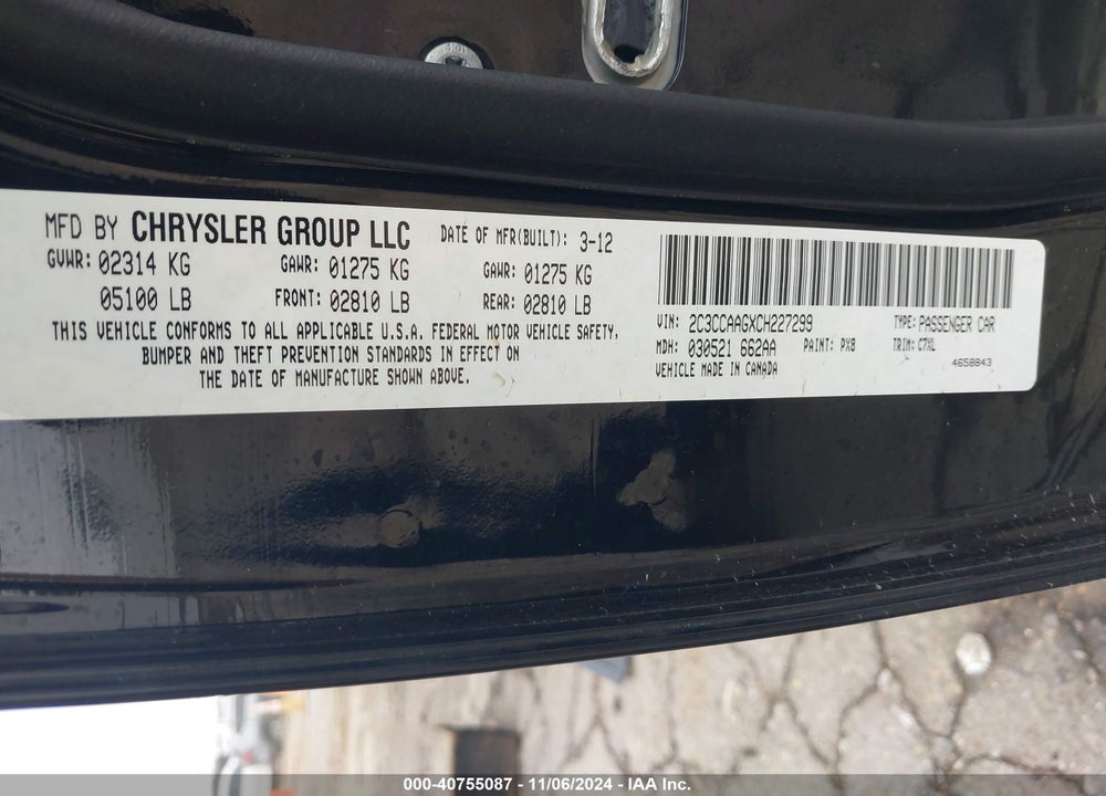 2012 CHRYSLER 300 VIN: 2C3CCAAGXCH227299
