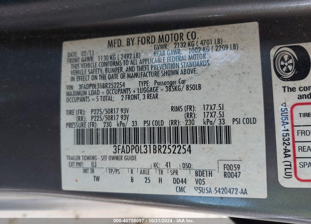 2011 FORD FUSION HYBRID VIN: 3FADP0L31BR252254