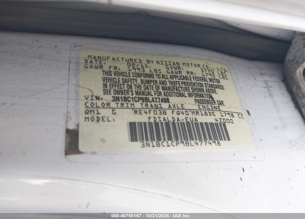 2011 NISSAN VERSA 1.8S VIN: 3N1BC1CP9BL477498