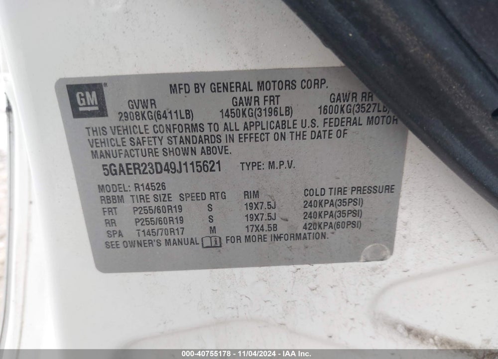 2009 BUICK ENCLAVE CXL VIN: 5GAER23D49J115621